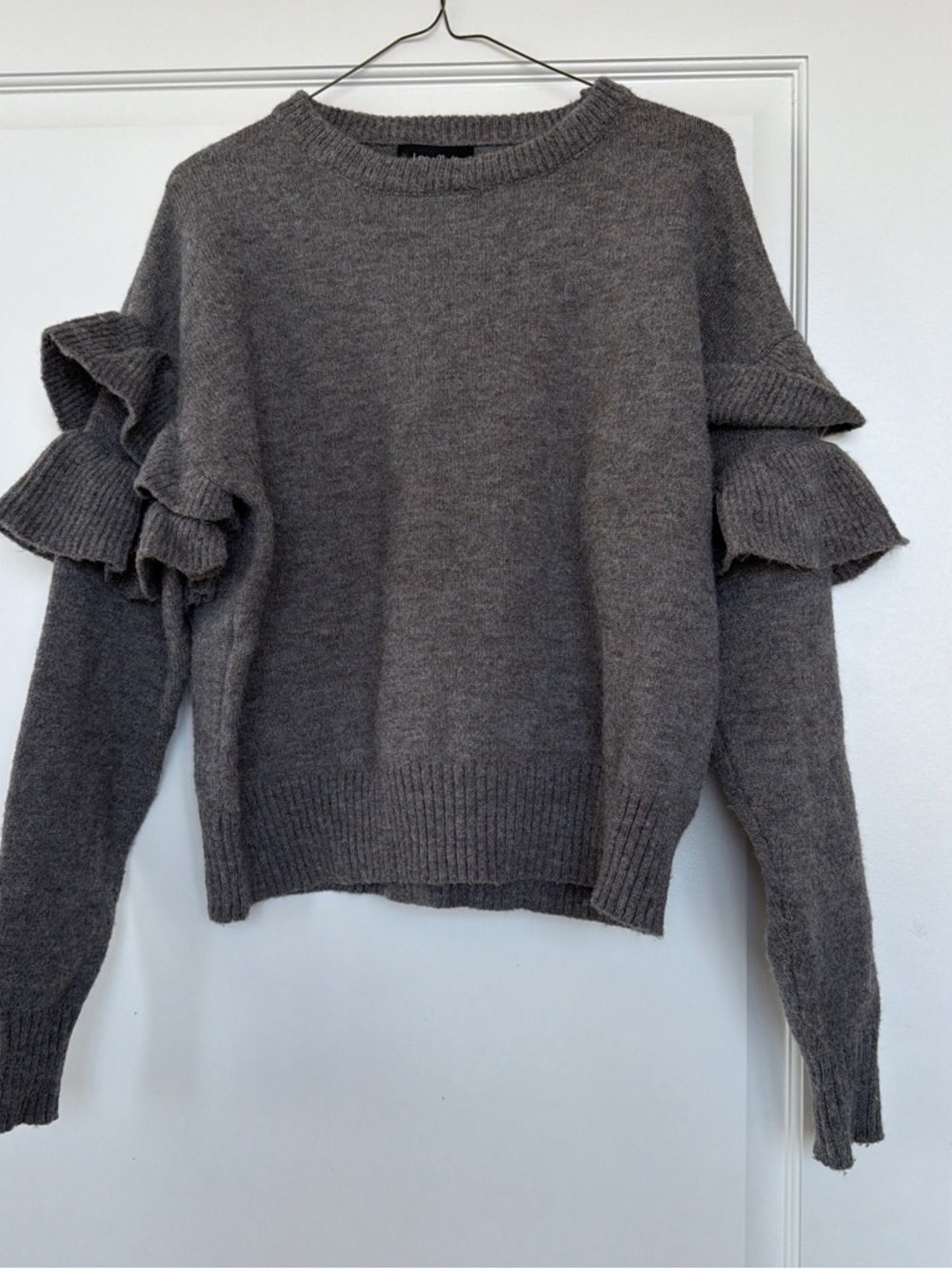 Lea & Viola Gray Ruffle-Sleeve Crewneck Sweater